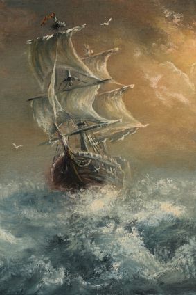 Schooner, possibly one of the coffin ships, in storm.