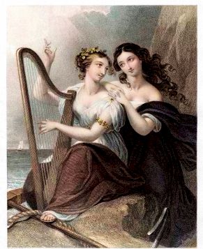 1855 Engraving of Irish harp being played by two women.