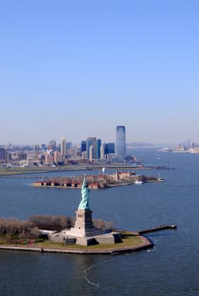 View of Statue of Liberty and Ellis Island.