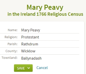 Sample result from Ancestry.com's Ireland  1766 Census collection
