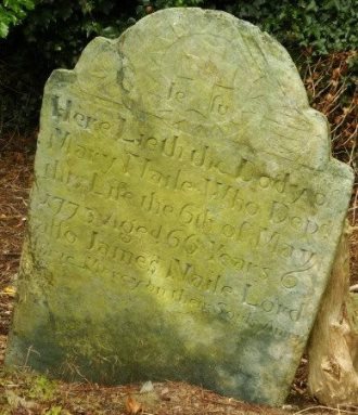 Gravestone in Wicklow's Three Mile Water burial ground. It reads 'In memory of Mary Naile who depd this life 6th of May 1773 aged 66 years. Also James Naile. Lord have mercy on their souls, Amen'.