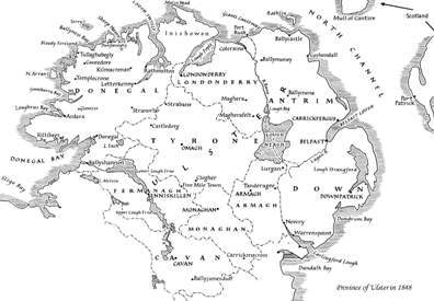 Black and white line drawn map of Northern Ireland dating from 1848.