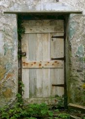 Basic wooden door to property, probably in rural area.