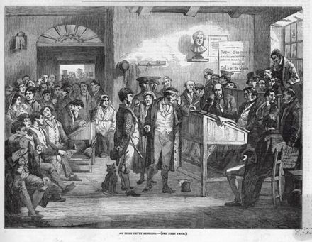 Newspaper drawing from 1853 of proceedings at an unidentified Petty Sessions Court in Ireland.