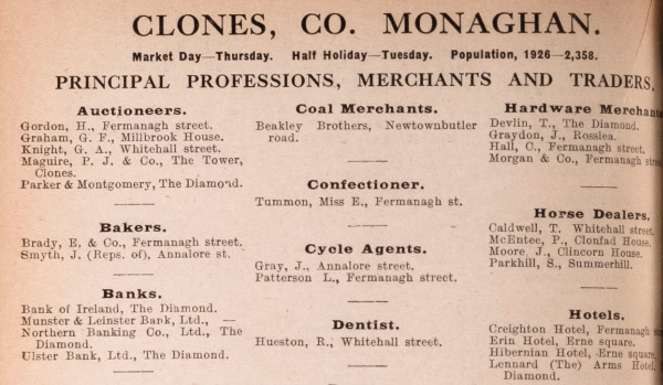 Monaghan page of Thoms Directory 1926