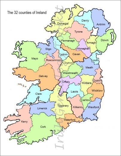 Map of Ireland divided into named counties