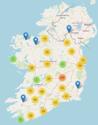 Map of Ireland indicating graveyard surveys carried out by HistoricGraves.