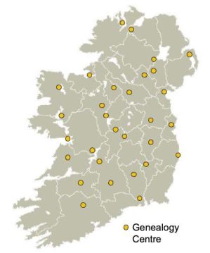 RootsIreland's map showing its 34 genealogy centres