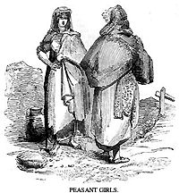 Pen and ink drawing depicting two early 19th century Irish peasant girls chatting while out walking.