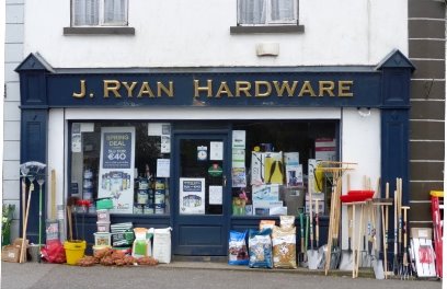 Frontage of J Ryan Hardware store in Tyrellpass, Co Westmeath, Ireland.