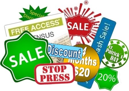 Collage of promotional slogans for sales, discounts and savings.